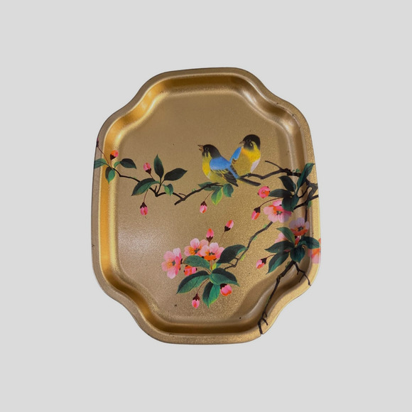 VTG Tin Trinket Tray w blue /yellow birds cherry Blossoms made in England - Picture 2 of 6